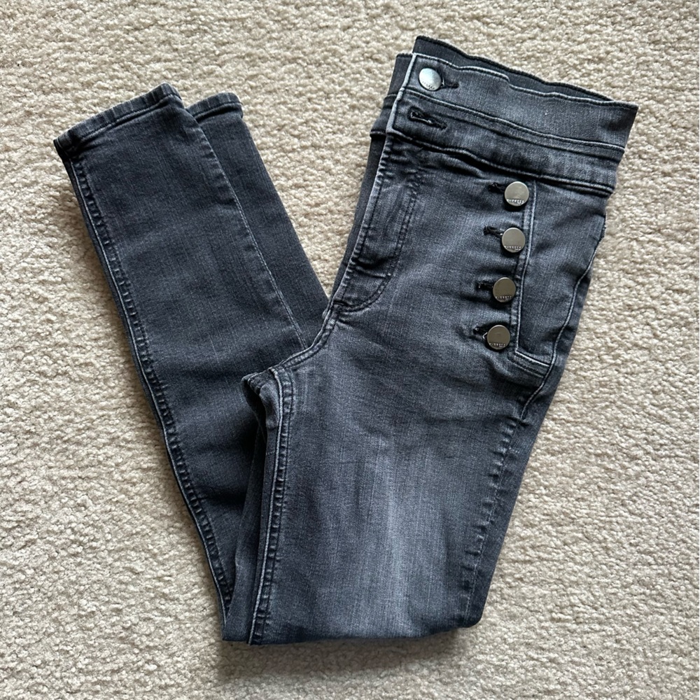 Express Faded Black / Gray Denim Super High Rise Skinny Jeans with Button Detail